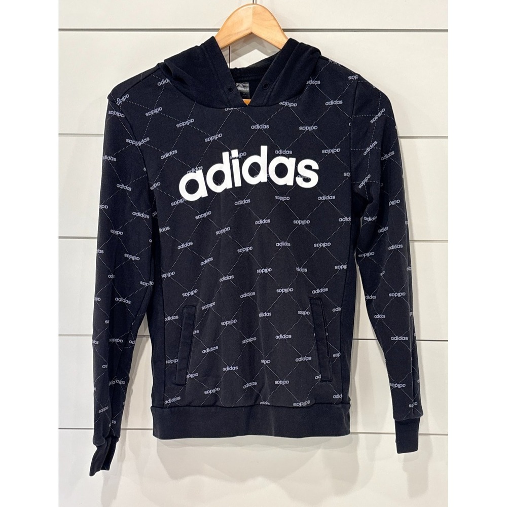 Adidas All Over Logo Hoodie Sweatshirt - Youth Small - Black and White